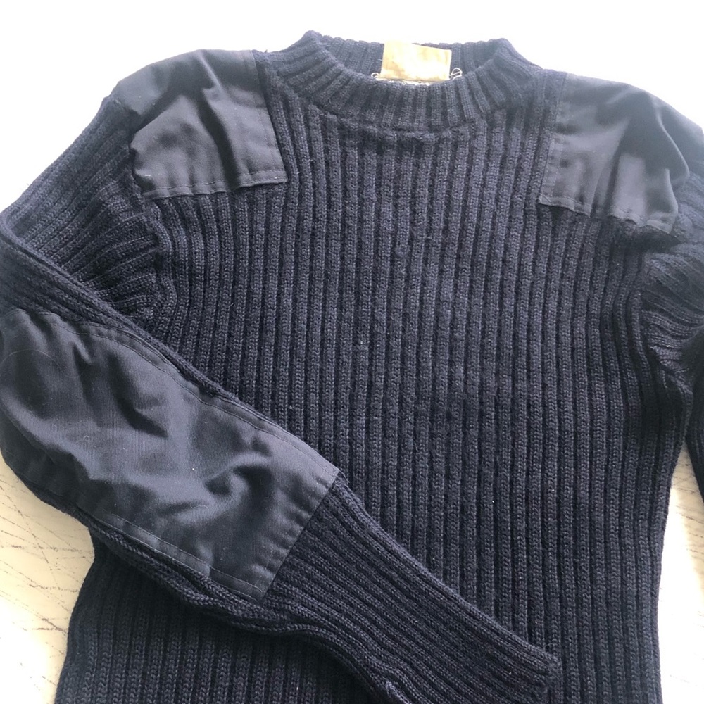 Bridgedale VTG UK Navy, blue wool sweater w cotton patches; M